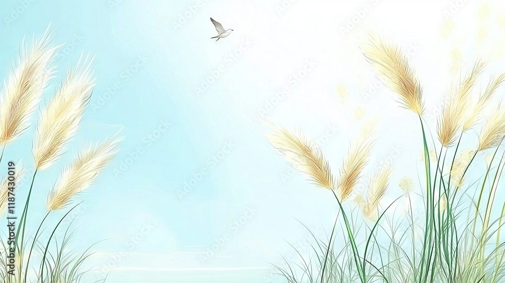 Aufkleber a bird soaring above a tall grass field with another bird in the sky in the background
