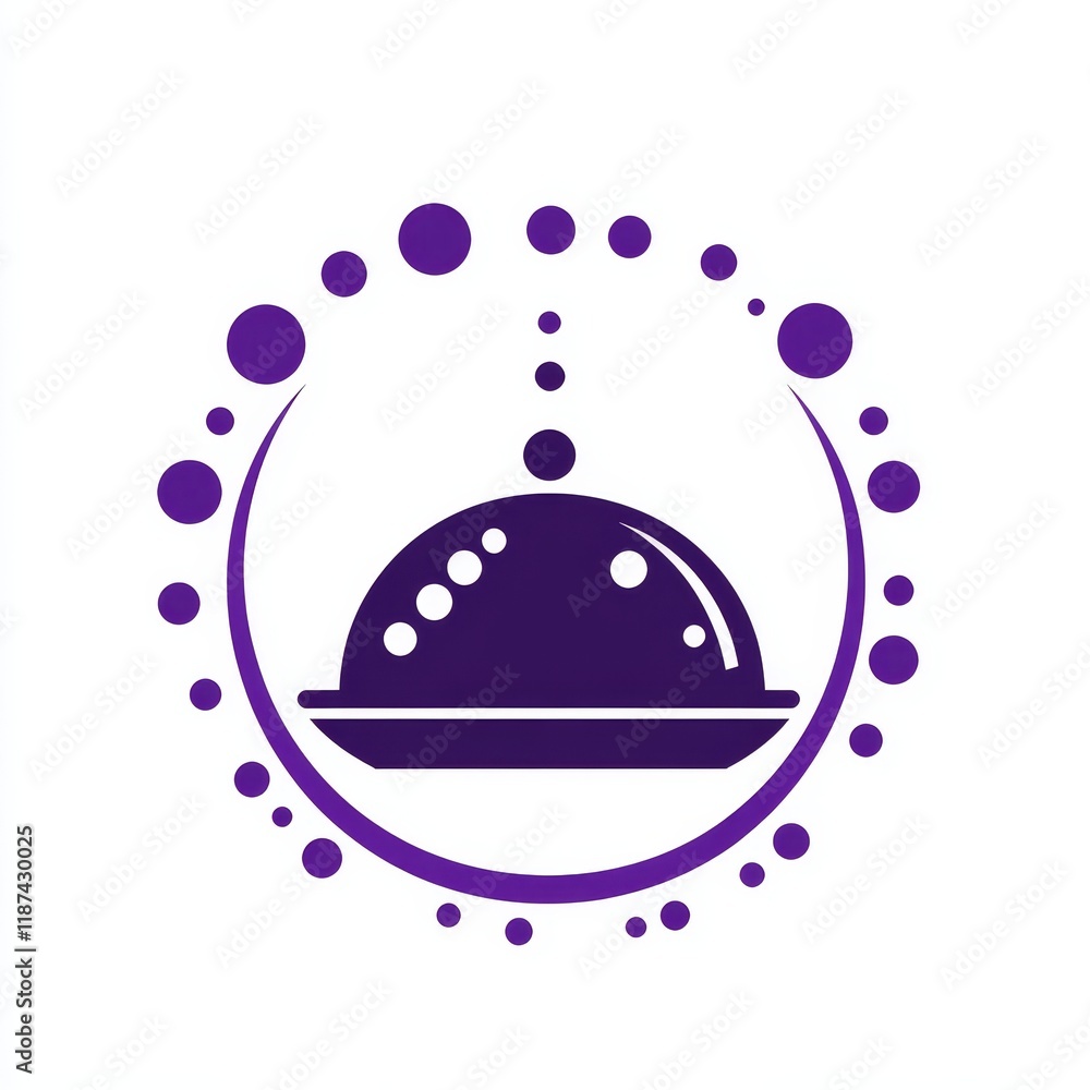 Poster purple waiter robot holding a covered plate, set against a white background. this stock image incorp