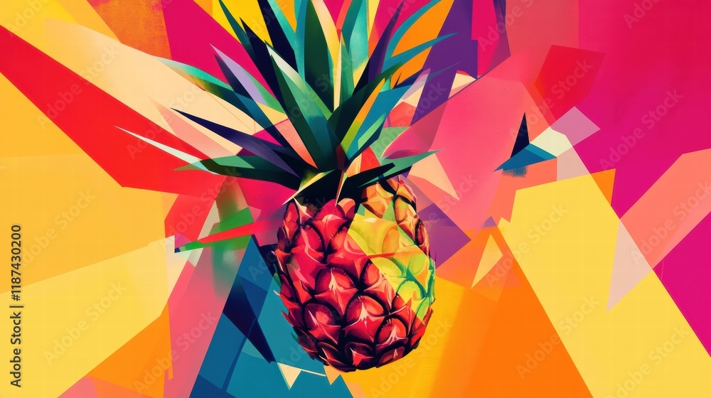 Poster vibrant abstract geometric design featuring a pineapple among bold colors and dynamic shapes. genera