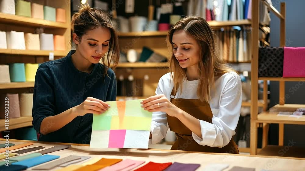 Poster a shop consultant attentively examines a colorful array of fabric samples spread out on a wooden cou