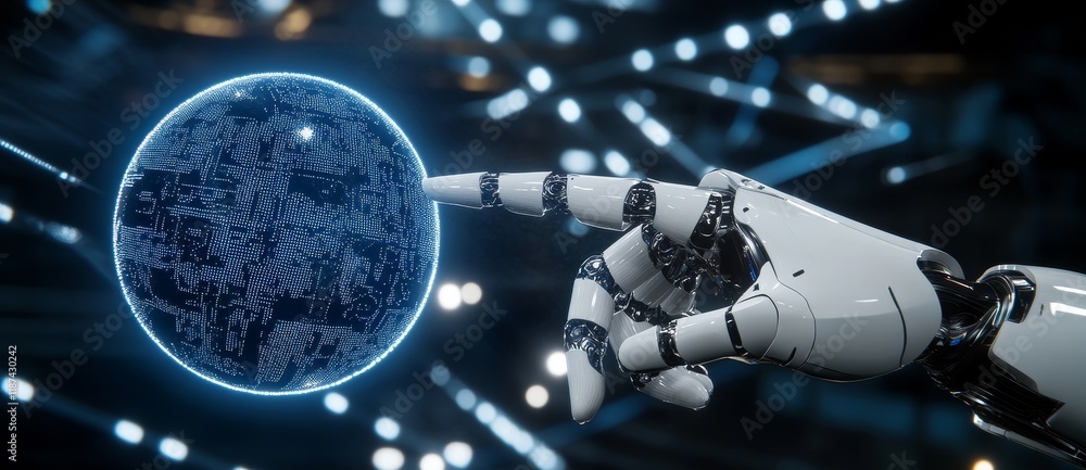 Poster in the metaverse, a digital smart world awaits, where users interact with a 3d robot hand in both au