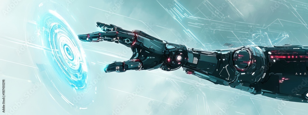 Poster in a cyber space environment, a 3d humanoid robot navigates through an automated digital world of th