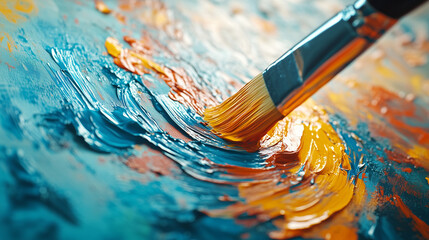 Fototapeta premium A close-up of a paintbrush gliding across a blank canvas, vibrant paint strokes in progress, bright natural light from a studio window, artistic and creative atmosphere