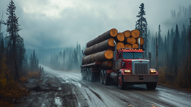 A logging truck carrying a load of large timber logs on a dirt road, industrial setting with overcast lighting, showcasing the process of forestry work