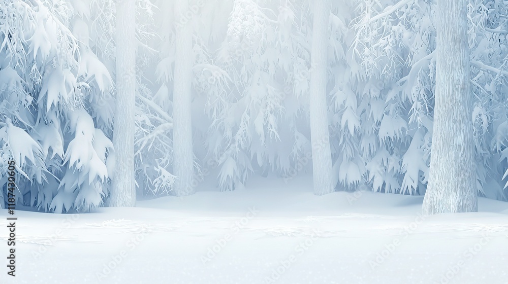 Poster a snow-covered forest featuring numerous trees in the foreground and a snow-coated background filled