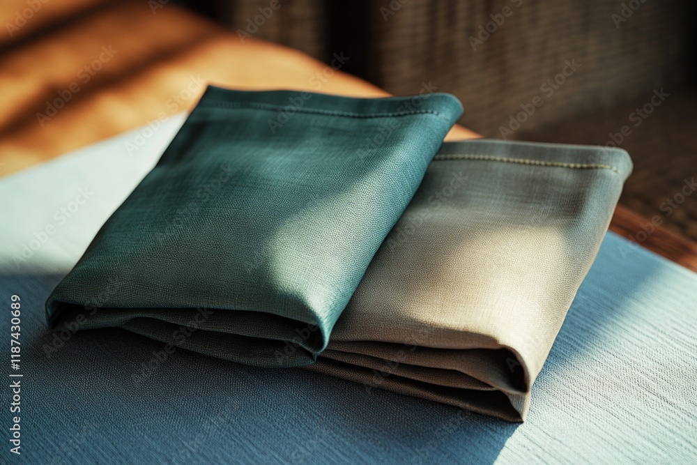 Poster two folded napkins sit on a table, possibly as part of a setting for a meal or event