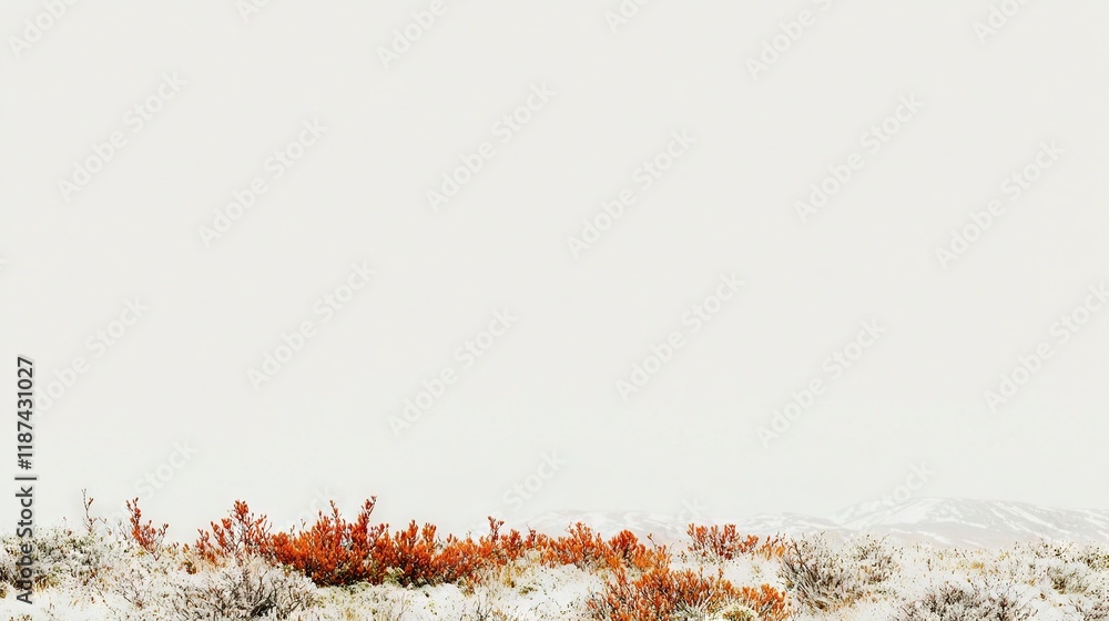 Poster a snow-covered field with a red bush in the foreground and a snow-mountain in the background