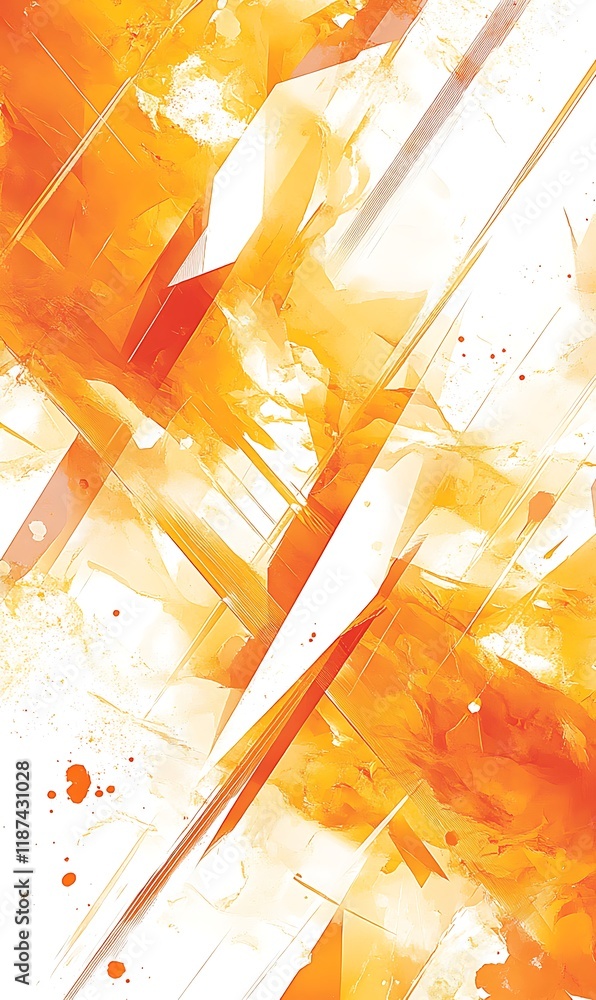 Poster diagonal lines in shades of orange and yellow with soft blue circles make up this abstract pattern.
