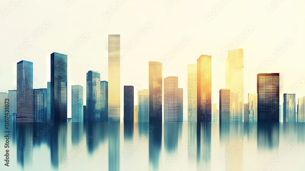 Poster an image of a skyline with numerous towering structures in the foreground and a serene water body in