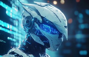 A metal humanoid robot's head set against an abstract tech background, embodying the concept of technological advancement and artificial innovation.