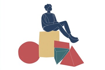 A person sits atop a stack of various geometric shapes, providing a unique perspective