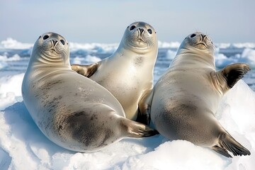 Fototapeta premium A group of harp seals basking on sea ice, their silver-gray coats blending with the surroundings. 