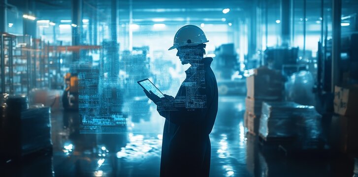 Engineers with silhouettes guide automated robots in Industry 4.0 factories leveraging intelligent communication systems that incorporate 5G, AI, big data, and IoT. Warm background.
