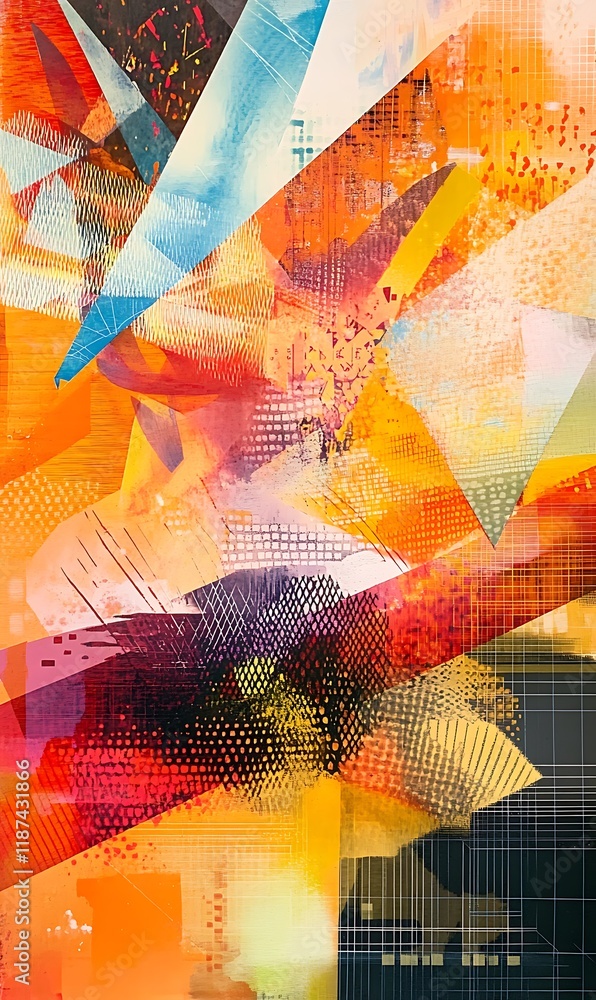 Poster abstract pattern of crisscrossing orange and yellow lines with soft blue circles in the design.