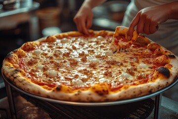 A close-up of a person cutting a pizza with a knife