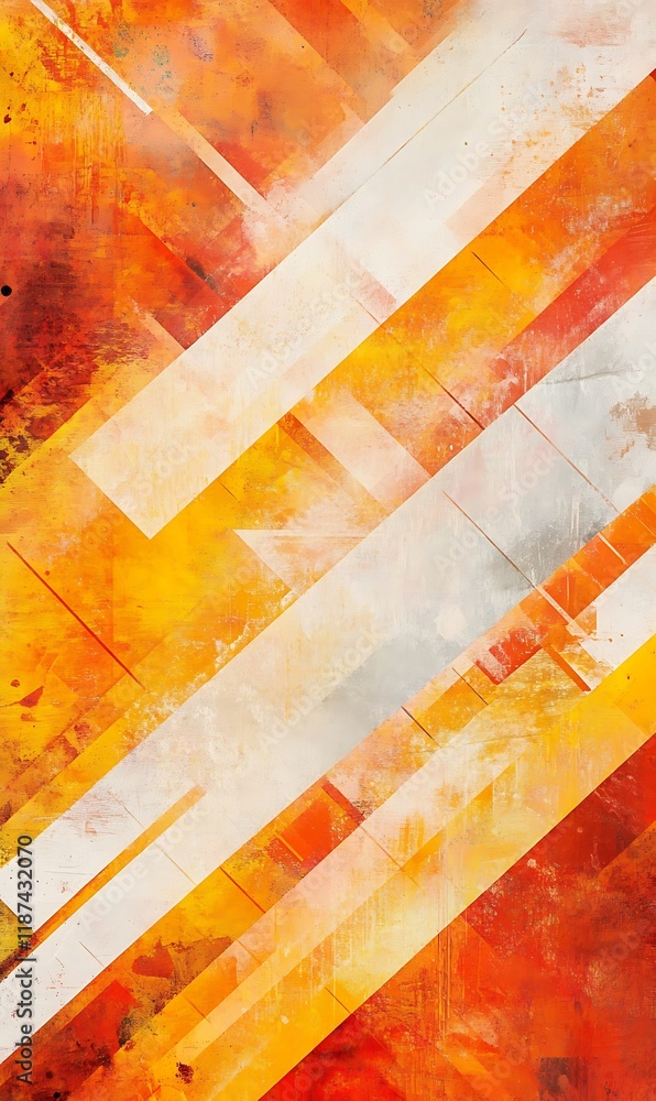 Poster a mix of orange and yellow diagonal lines with blue see-through circles forms an abstract image.
