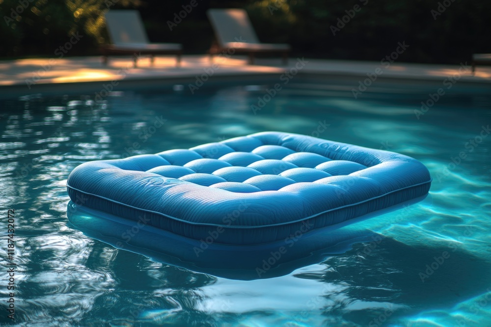 Poster a blue inflatable mattress floats on the surface of a pool, perfect for lounging or relaxation