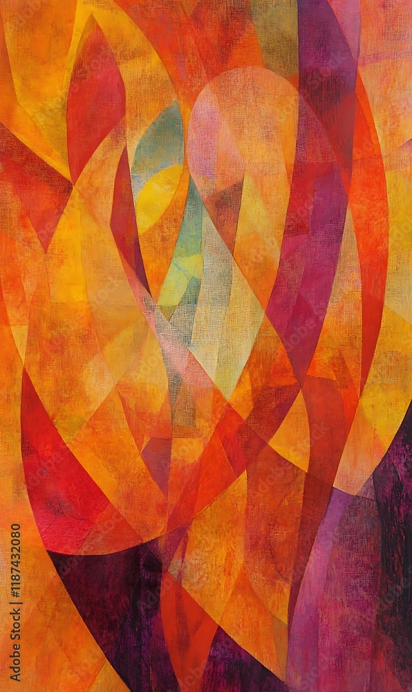 Poster a mix of orange and yellow diagonal lines with blue see-through circles forms an abstract image.