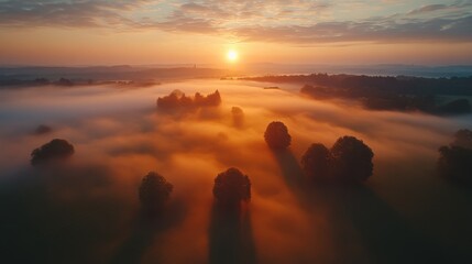 drone footage of swiss farmland through fog and mist