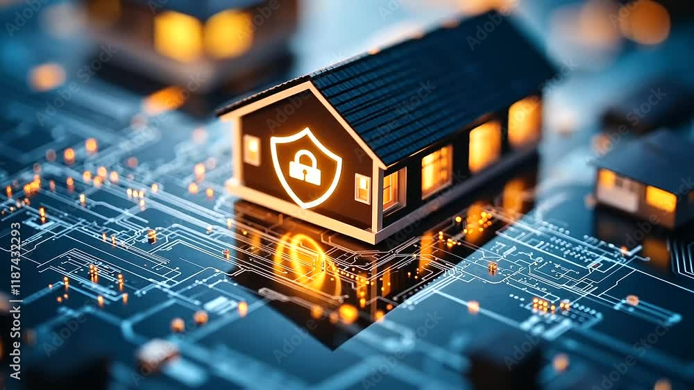Poster an aerial view captures a high-tech smart home glowing amidst dusk shadows, with a floating shield a