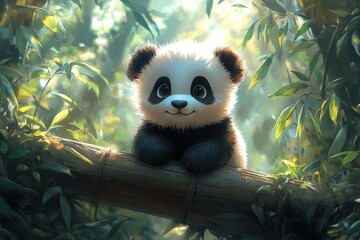 Obraz premium Adorable panda cub rests on bamboo branch.
