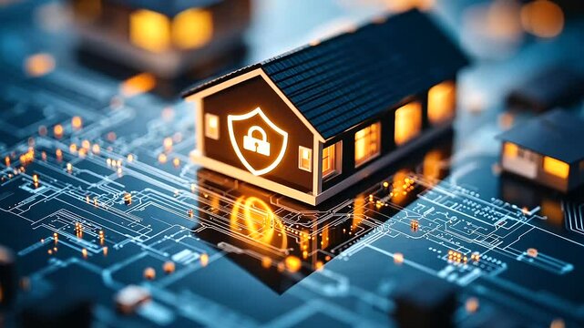 An aerial view captures a high-tech smart home glowing amidst dusk shadows, with a floating shield and padlock icon affirming its activated security system.