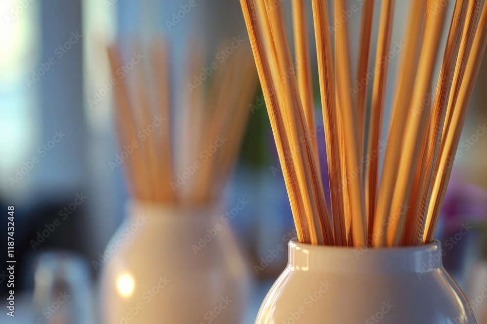 Poster a close-up view of a vase containing sticks, great for use as a decorative element or to add some ru