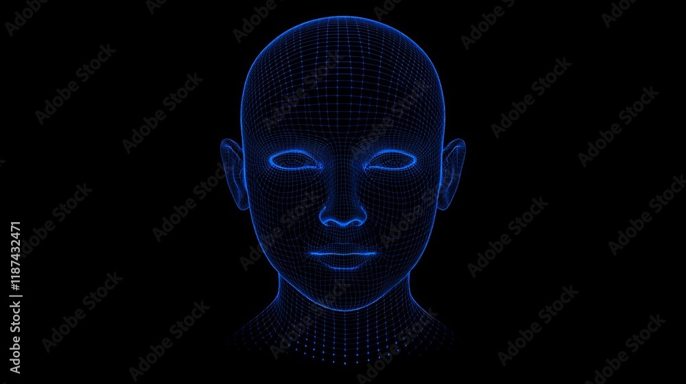 Poster a modern wireframe representation of a stock-featured robot equipped with biometric scanning and fac