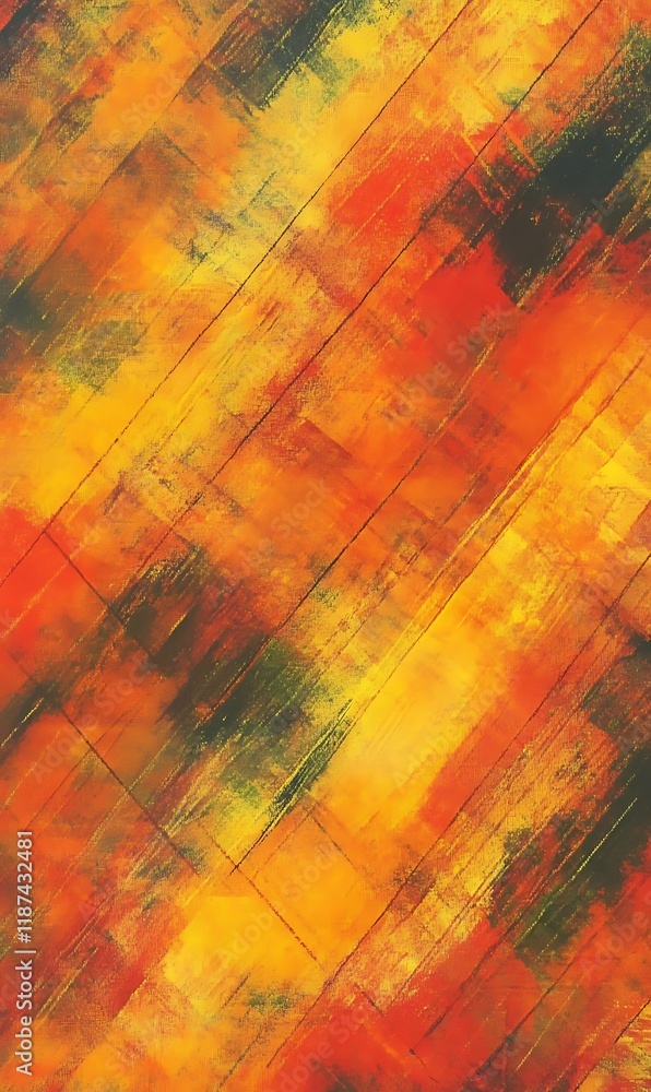 Poster diagonal lines in orange and yellow with blue translucent circles create an abstract pattern.