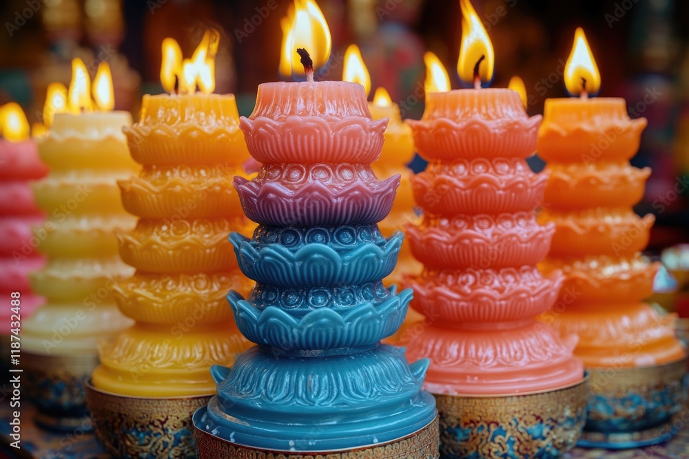 Poster A collection of vibrant candles placed together, suitable for use in various settings such as parties or events