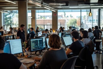 A group of people of various ages taking a coding bootcamp in a modern office
