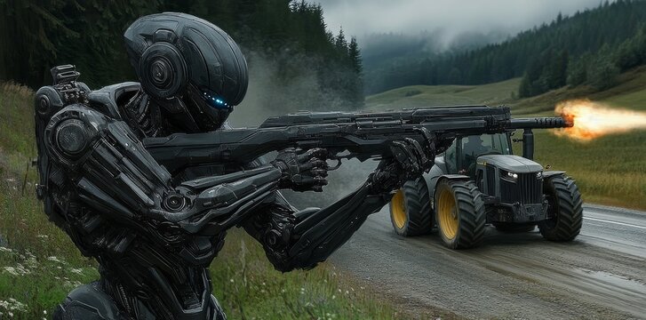 A killer robot for military combat, embodying concepts of future warfare