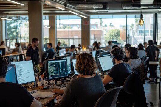 A group of people of various ages taking a coding bootcamp in a modern office