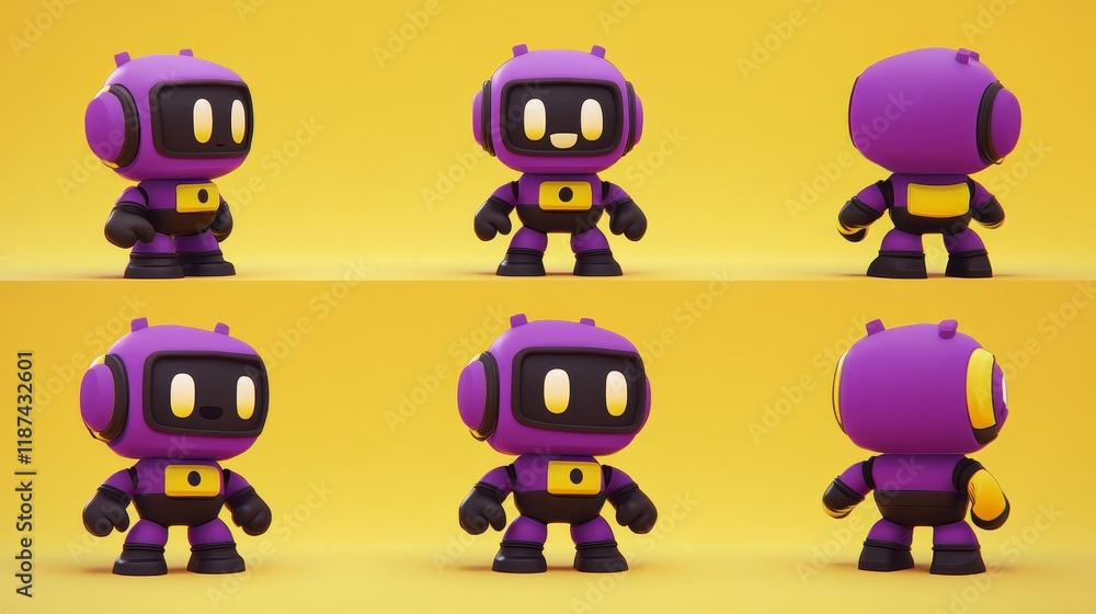 Poster friendly and modern ai robot cartoon characters in yellow and purple, complete with a smart chatbot 