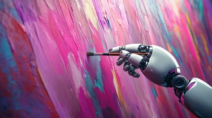 A robotic hand wielding a paintbrush to paint a picture, a robot finger grasping the brush, engaging in artwork, stock image