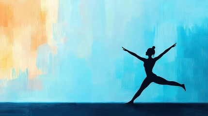   A woman in ballet pose on blue, yellow, orange background with arms raised