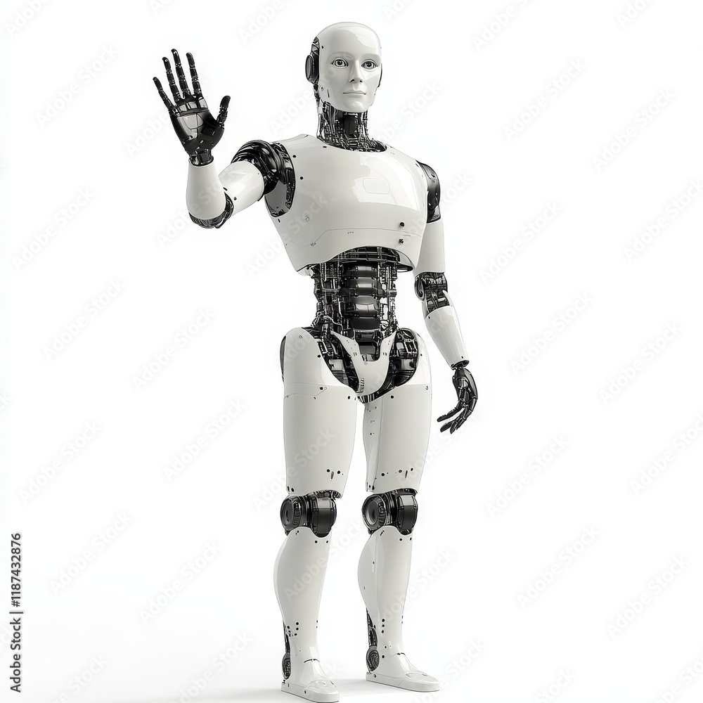 Poster 3d illustration of a friendly robot character showing its open palm against a white backdrop.