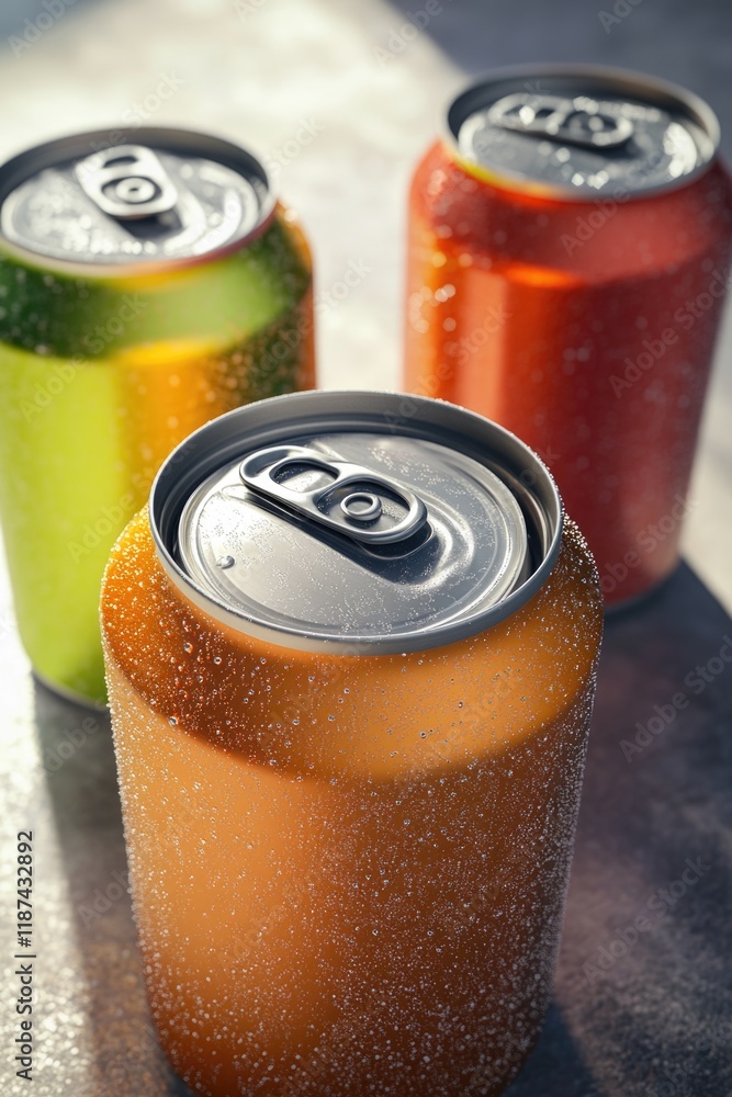 Poster two cans of soda sitting on a table, ready for use