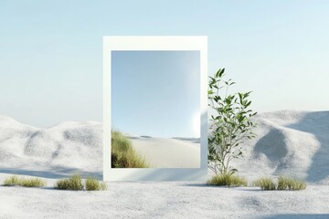 A lone mirror sits in the middle of a vast desert landscape