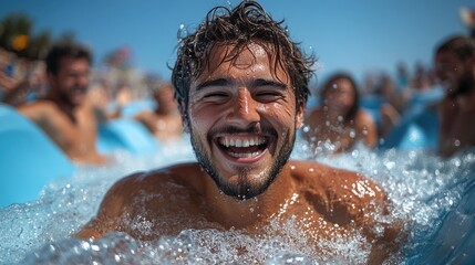 A person smiling while enjoying water activities in an indoor pool