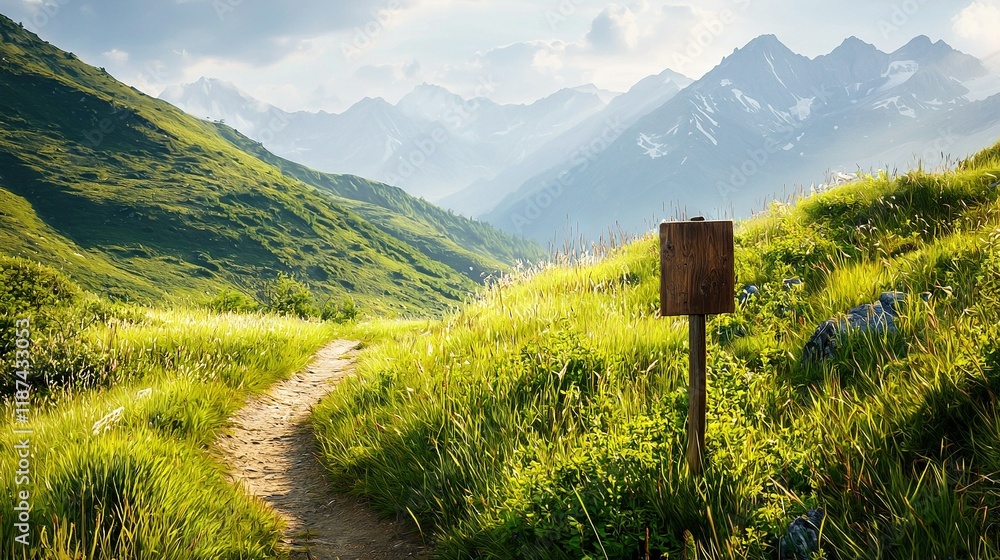 Poster a path meanders through a green plain featuring a sign in the foreground and a distant mountain rang