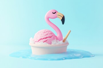 Fototapeta premium Creative composition of flamingo and white ice cream in pastel colors, ideal for summer themed designs, advertising or social media with plenty of copy space.