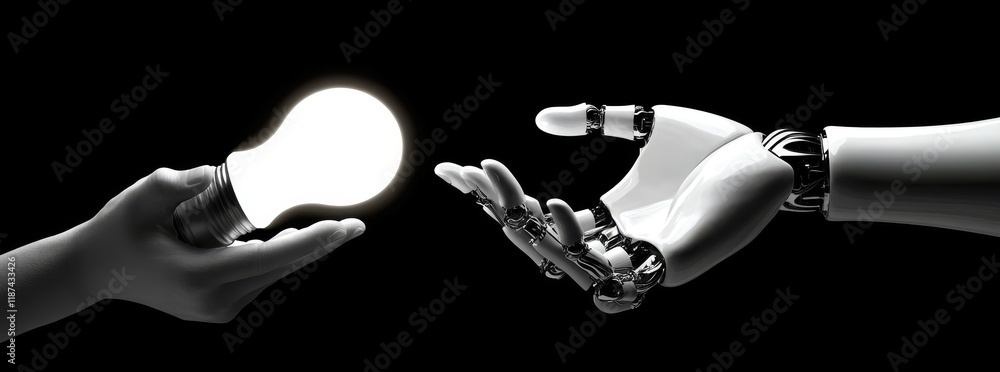 Poster a robot grasps a light bulb, embodying the concepts of innovation and technological progress.