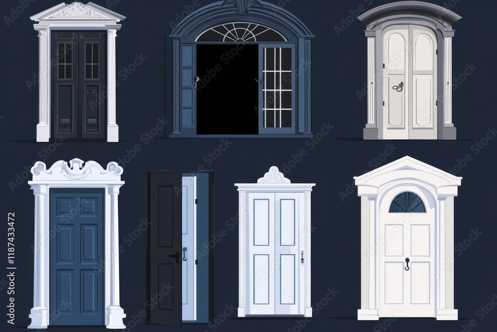 Aufkleber a set of four different doors with windows, ideal for use in interior design, architecture or real e