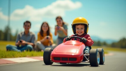 Child Driving Red Go-Kart with Family Watching
