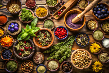 Fototapeta premium A colorful assortment of spices, herbs, and natural ingredients displayed on a wooden surface for culinary use