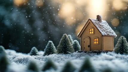 Small wooden house with glowing windows in snowy winter forest at sunset.
