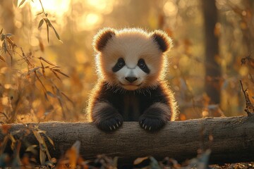 Adorable panda cub perched on log, golden sunlight.