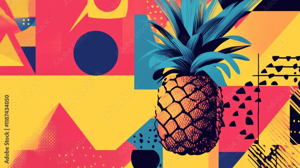 Aufkleber bold geometric design featuring an abstract pineapple surrounded by vibrant shapes and colors. gener