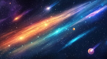 Vibrant illustration of Oort Cloud with glowing comets traveling through deep space
